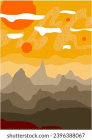 A Fantasy Landscape of Greyish Mountains with Yellow Sky and White Clouds and Orange Suns in Cartoon style