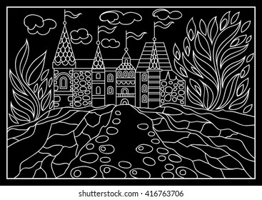 Fantasy landscape. Hand drawn sketch. T-shirt print. Album cover. Suitable for invitation, flyer, sticker, poster, banner, card, label, cover, web. Vector illustration.