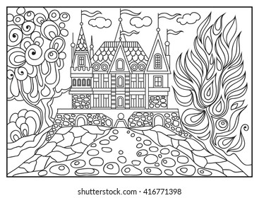 Fantasy landscape. Hand drawn sketch. T-shirt print. Album cover. Coloring book page. Suitable for invitation, flyer, sticker, poster, banner, card, label, cover, web. Vector illustration.

