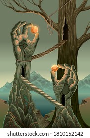 Fantasy landscape with hand statues. Vector cartoon illustration
