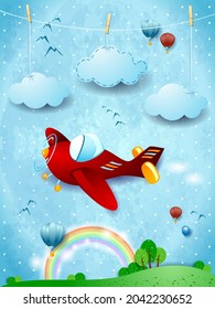 Fantasy landscape with hanging clouds and airplane. Vector illustration eps10