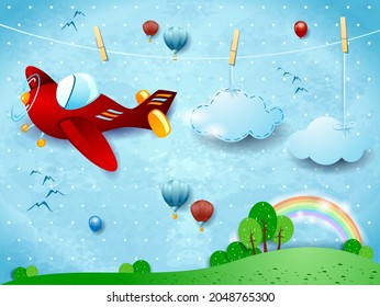 Un paisaje fantástico con nubes colgantes y aviones. Ilustración vectorial eps10