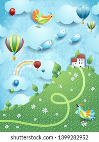 Fantasy landscape with hill, balloons and flying fishes. Vector illustration eps10
