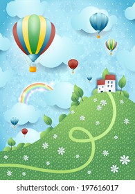 Fantasy landscape with hill and hot air balloons, vector 