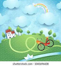 Fantasy landscape with homes, river and bike. Vector illustration eps10