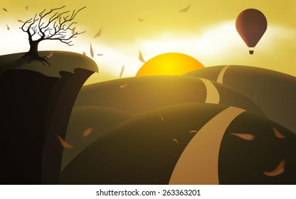 fantasy landscape hot air balloon flying at sunset vector
