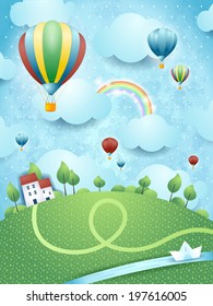 Fantasy landscape with hot air balloons and river, vector 