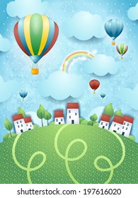 Fantasy landscape with hot air balloons, vector 