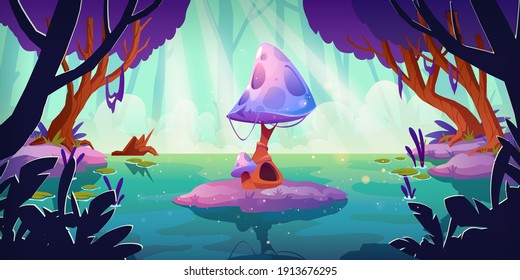 Fantasy landscape with huge mushroom in forest pond or swamp. Alien or magic unusual nature for computer game, fairy tale book background. Beautiful strange glowing plant, Cartoon vector illustration