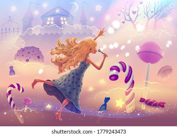 Fantasy landscape illustration with dreaming girl flying in sweet world with Christmas candy canes, magic pink clouds, colorful rainbow, neon glowing soap bubbles. Vector fairy tale drawing.