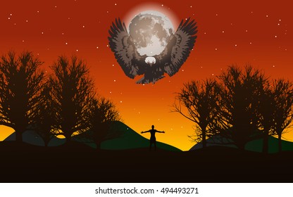 fantasy landscape illustration, man standing in front of a huge eagle, full moon and red sky full of stars