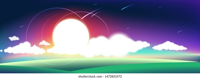 Fantasy landscape illustration representing glowing moon and sky in unreal colorful, color palette.
