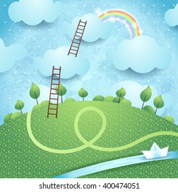 Fantasy landscape with ladders and river, vector illustration 