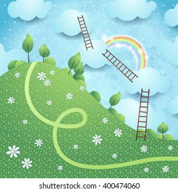 Fantasy landscape with ladders, vector illustration 