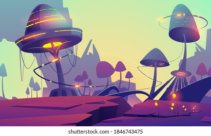 Fantasy landscape with magic glowing mushrooms and plants. Vector cartoon illustration of fantastic alien nature with giant toadstools and mountains. Mystic outdoor scene with funguses