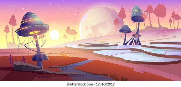 Fantasy landscape with magic glowing mushrooms and plants at sunset. Vector cartoon illustration of fantastic alien nature with giant toadstools, broom, sun and planet in sky