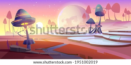 Fantasy landscape with magic glowing mushrooms and plants at sunset. Vector cartoon illustration of fantastic alien nature with giant toadstools, broom, sun and planet in sky