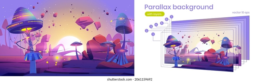 Fantasy landscape with magic mushrooms and plants on alien planet at sunset. Vector parallax background for 2d animation with cartoon illustration of fantastic nature with giant toadstools