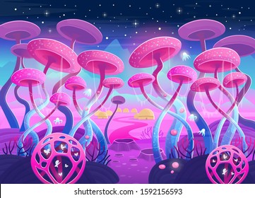 Fantasy landscape with magical plants and mushrooms. Illustration of space.  Background for games and mobile applications.