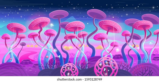 Fantasy landscape with magical plants and mushrooms. Illustration of space.  Background for games and mobile applications.