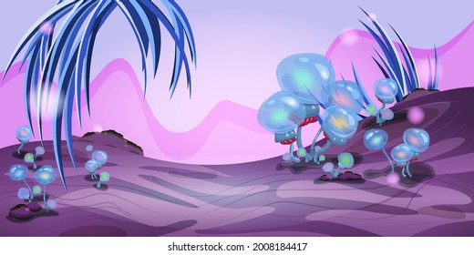 Fantasy landscape with magical plants and mushrooms. Illustration of space. Background for games and mobile applications