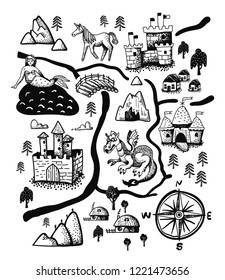 Fantasy landscape map with Fairy tale castle, dragon, unicorn, mermaid.  Old medieval treasure cartography, hand drawn in vector