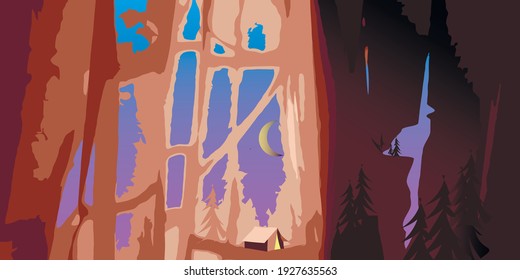 Fantasy-Bergwalddicken mit Zelt auf Mondhintergrund