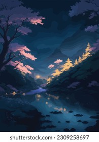 Un paisaje fantástico con un lago de montaña y árboles por la noche. Pintura digital.