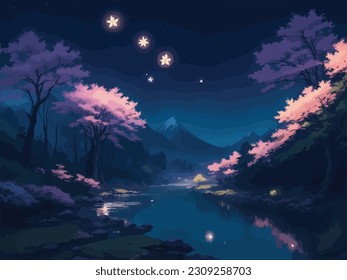 Un paisaje fantástico con un lago de montaña y árboles por la noche. Pintura digital.
