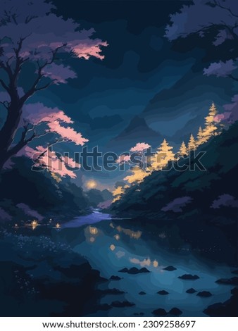 Fantasy landscape with mountain lake and trees at night. Digital painting.