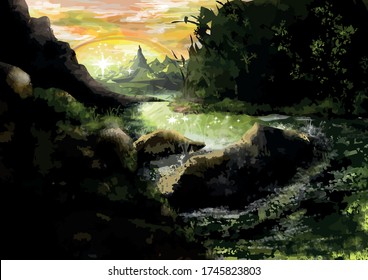 Fantasielandschaft mit Bergen, Regenbögen und Fluss