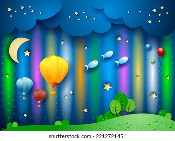 Fantasy landscape at night with northern lights, balloons and flying fishes. Vector illustration eps10