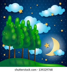 Fantasy landscape at night, vector