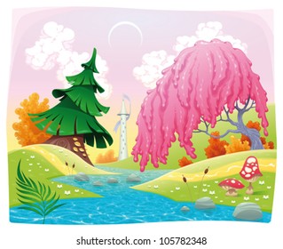 Fantasy landscape on the riverside. Vector illustration.