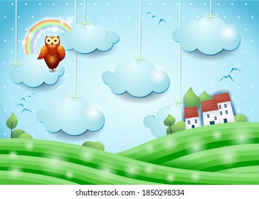 Fantasy-Landschaft mit Eule und Dorf, Vektorgrafik EPS10