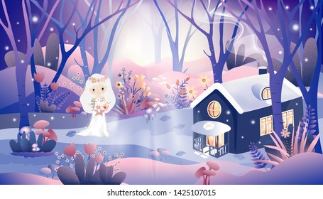Fantasy landscape with princess in magic forest with fairytale cottage in purple pastel tone, Vector cartoon illustration of little girl in fantasy dark forest at night with fireflies,
