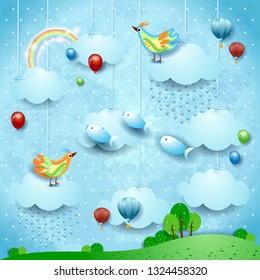 Fantasy landscape with rain, balloons, birds and flying fisches. Vector illustration eps10