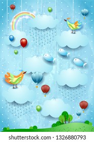 Fantasy landscape with rain, birds, balloons and flying fisches. Vector illustration eps10