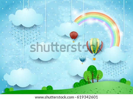 Fantasy landscape with rain and hot air balloons, vector illustration