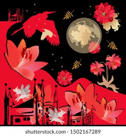 Fantasy landscape with red flowers, winged unicorns, moon and stars in night sky, silhouettes of herons, castle, red mountains and autumn leaves. Bandana print or square poster.