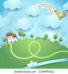 Fantasy landscape with river and bird, paper art. Vector illustration eps10