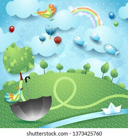 Fantasy landscape with river, tree, umbrella and flying fishes. Vector illustration eps10