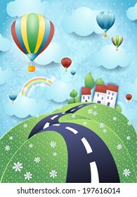 Fantasy landscape with road and hot air balloons, vector 