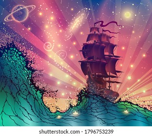 Fantasy landscape with a ship on the sea waves, fabulous digital illustration of a vessel with sails in a stormy ocean against space stars, sun rays, planets and moon. Vector art.