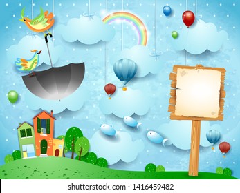 Fantasy landscape with sign and flying umbrella and fishes. Vector illustration eps10