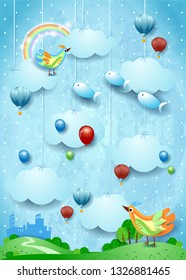 Fantasy landscape with skyline, birds, balloons and flying fisches. Vector illustration eps10