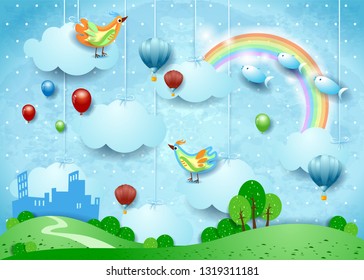 Fantasy landscape with small city, balloons, birds and flying fisches. Vector illustration eps10