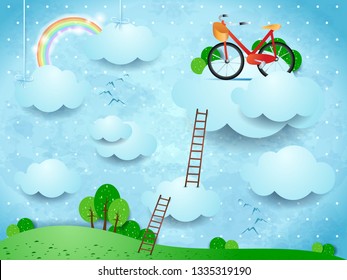 Fantasy landscape with stairways and bike over the clouds, vector illustration eps10