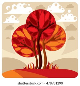 Fantasy landscape with stylized tree, peaceful scene. Season theme vector illustration, ecology idea image.