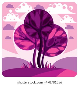 Fantasy landscape with stylized tree, peaceful scene. Season theme vector illustration, ecology idea image.